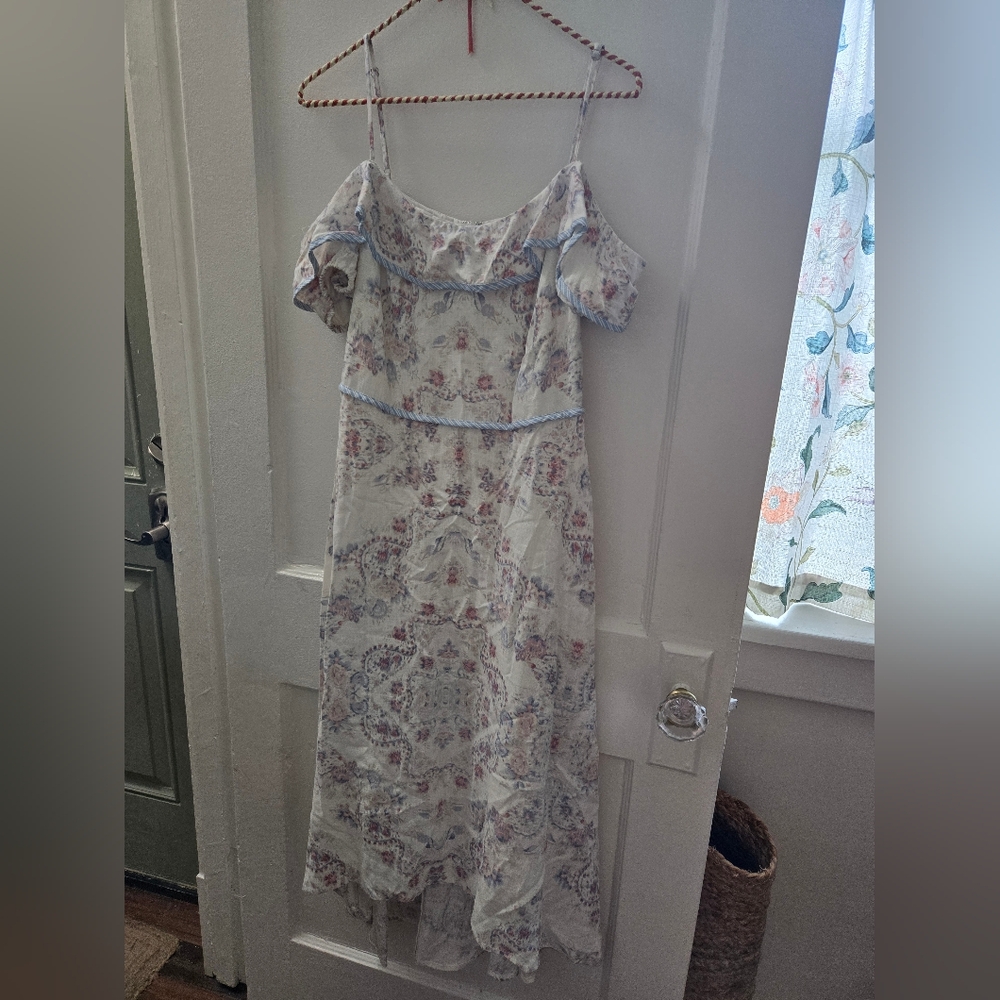 BCBGMaxAzria Floral Off-Shoulder Dress in Cream and Blue